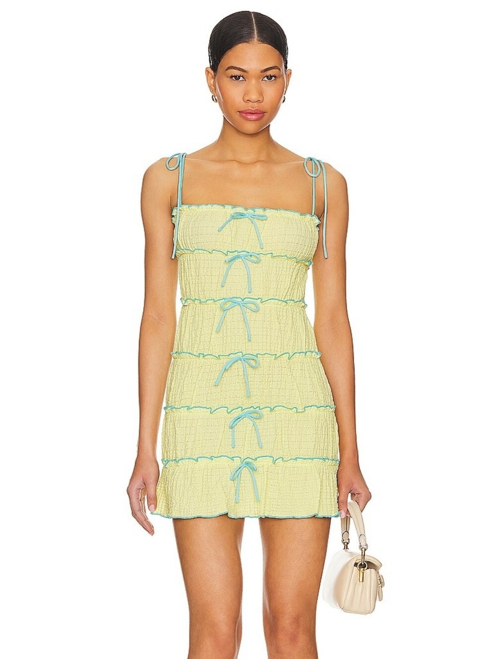 Mathilda Revolve Majorelle Lemon Yellow Smocked Mini Dress with Blue Trim